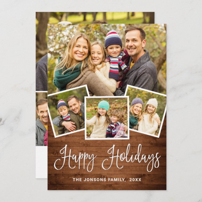 7 PHOTO Christmas Rustic Brown Wood Greeting Holiday Card (Front/Back)