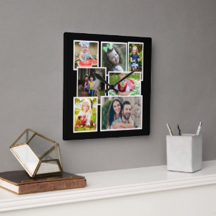7 Photo Collage Black Create Your Own Square Wall Clock