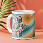 7 Photo Collage funky hexagon pattern sunset colou Large Coffee Mug<br><div class="desc">Square photos work best with this template. This fun photo montage includes a place for 7 pictures. The grid includes a grid of hexagon shaped photos with plenty of room to add your favourite party pics. The retro stripe line art in sunset colours add a bit of whimsy to the...</div>