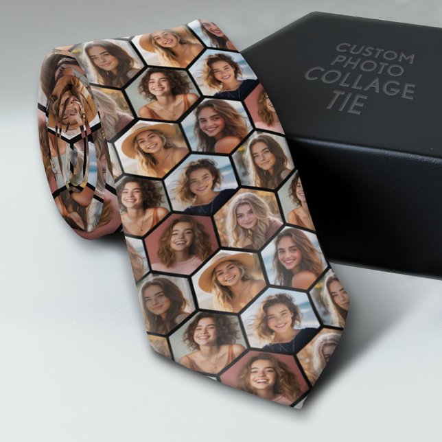7 Photo Collage - funky honeycomb pattern - black Tie (Custom Tie with a Photo Collage)