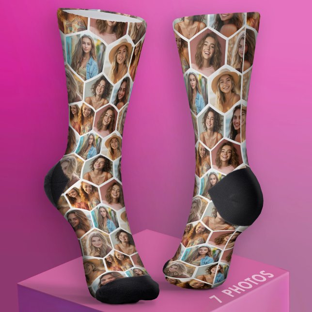 7 Photo Collage - funky honeycomb pattern - white Socks (Custom Photo Socks)