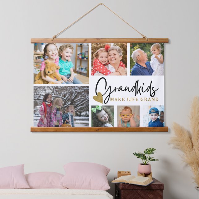 7 Photo Collage Grandkids Make Life Grand Quote  Hanging Tapestry (Bedroom)