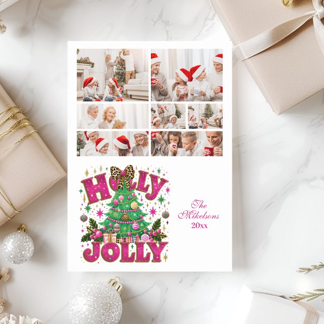 7 Photo Glitter Leopard Bow Holly Jolly Holiday Card (Creator Uploaded)