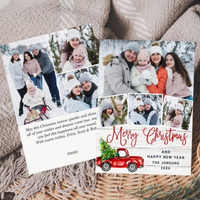 7 Photo Merry Christmas Red Farm Truck Holiday Card (Creator Uploaded)
