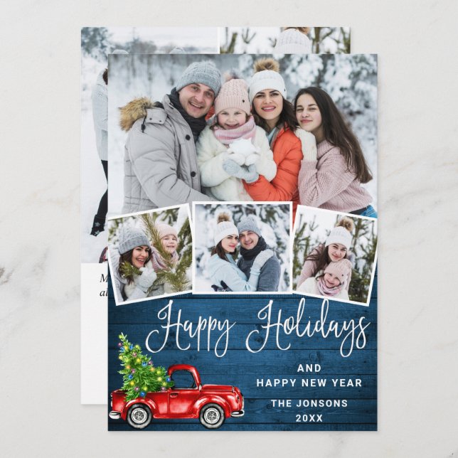 7 Photo Merry Christmas Red Farm Truck Holiday Card (Front/Back)