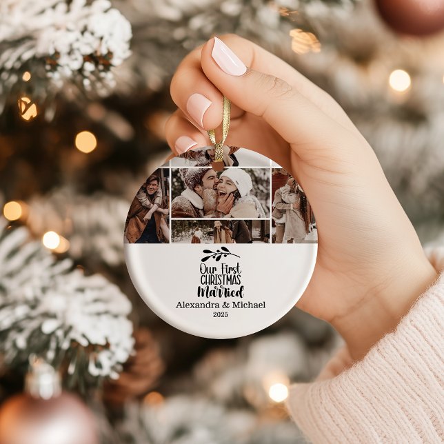 7 Photo Minimialist Our First Christmas Married Ceramic Ornament (Creator Uploaded)