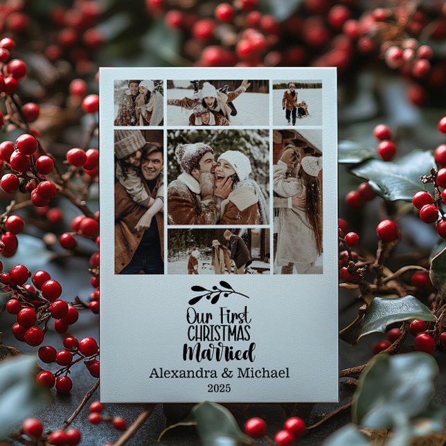 7 Photo Minimialist Our First Christmas Married Holiday Card (Creator Uploaded)