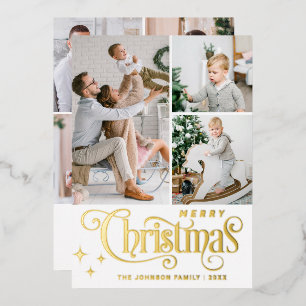7 PHOTO Sparkle Merry Christmas Greeting Gold Foil Holiday Card