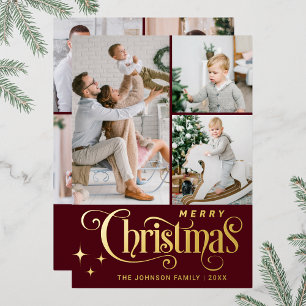 7 PHOTO Sparkle Merry Christmas Greeting Gold Foil Holiday Card