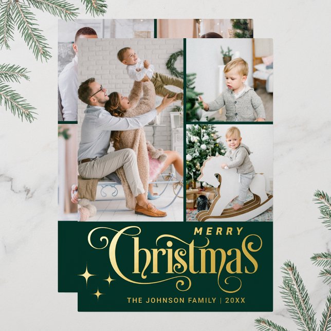 7 PHOTO Sparkle Merry Christmas Greeting Gold Foil Holiday Card (Real foil print Christmas holiday greeting card.)