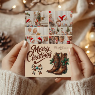 7 Photo Western Bow & Boots Christmas Holiday Card