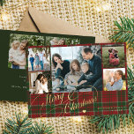 7 photos Merry Christmas script red green plaid  Holiday Card<br><div class="desc">Elegant stylish Merry Christmas faux gold classic calligraphy script seven family photos red green plaid tartan rustic holiday card with your custom personalized text on both sides.</div>