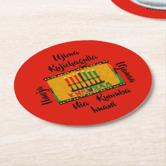 7 Principles of Kwanzaa Candles Round Paper Coaster (Angled)