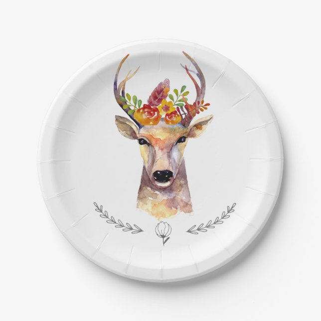 7" Round Paper Plate boho deer Buck Head Browning (Front)