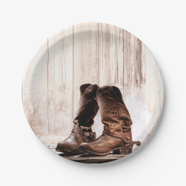 7" Round Paper Plate Boots Country Rustic Western (Front)