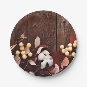 7" Round Paper Plate Cotton Branch on Dark Wood St