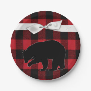 7" Round Paper Plate Red Buffalo Plaid Bear Black