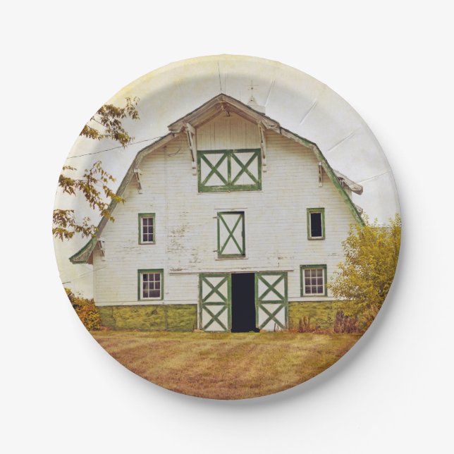 7" Round Paper Plate Sunset Barn Country Rustic Fi (Front)