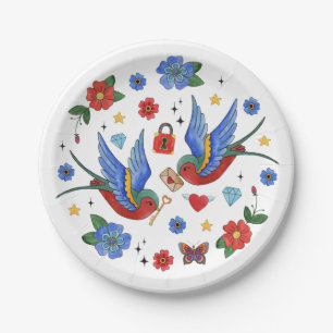 7" Round Paper Plate Traditional Bird Tattoo Sparr