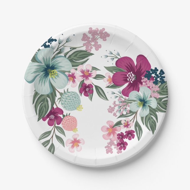7" Round Paper Plate Tropical Flower on White (Front)