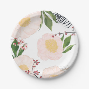 7" Round Paper Plate White Floral Flowers on White