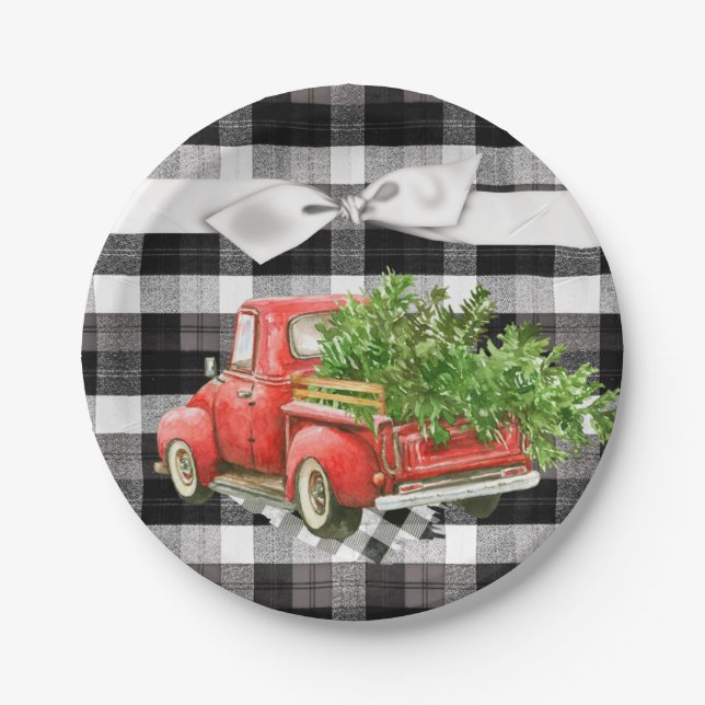 7" Round Paper Plate XMAS Truck Christmas Buffalo (Front)