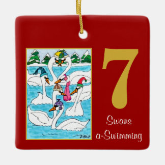 7 Swans a Swimming Cute Animals & Typography Ceramic Tree Decoration