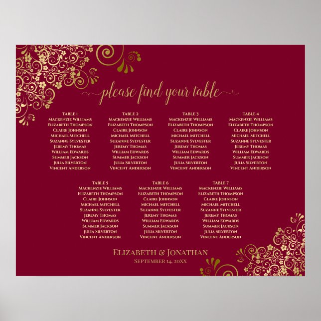 7 Table Burgundy & Gold Wedding Seating Chart  (Front)