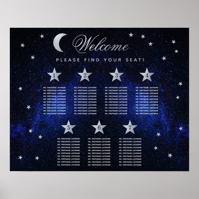 7 Table Celestial Wedding Stars Moon Seating Chart (Front)
