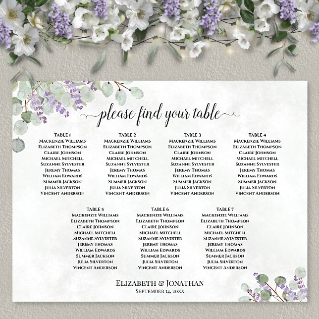 7 Table Lavender Eucalyptus Wedding Seating Chart (In Situ on Wall with Flowers)