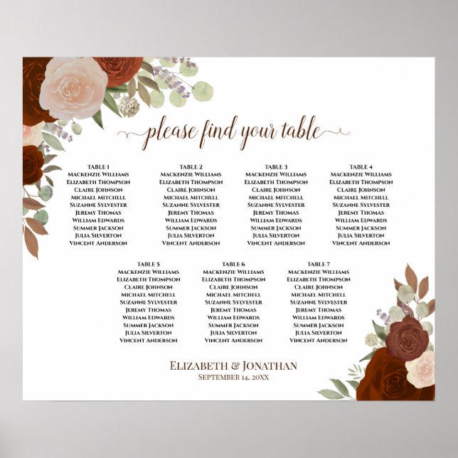 7 Table Rust Orange Roses Wedding Seating Chart (Front)