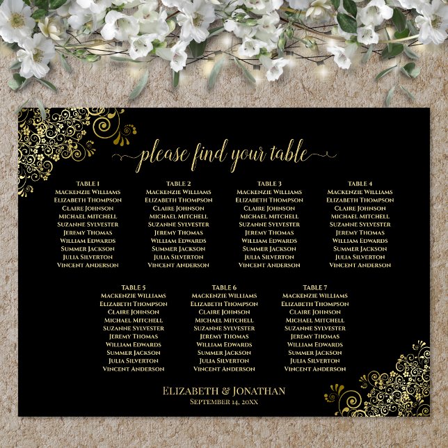 7 Table Wedding Seating Chart Gold Frills on Black (In Situ on Wall with Decorations)