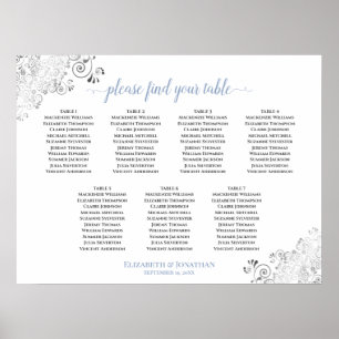 7 Table White & Blue Frilly Wedding Seating Chart