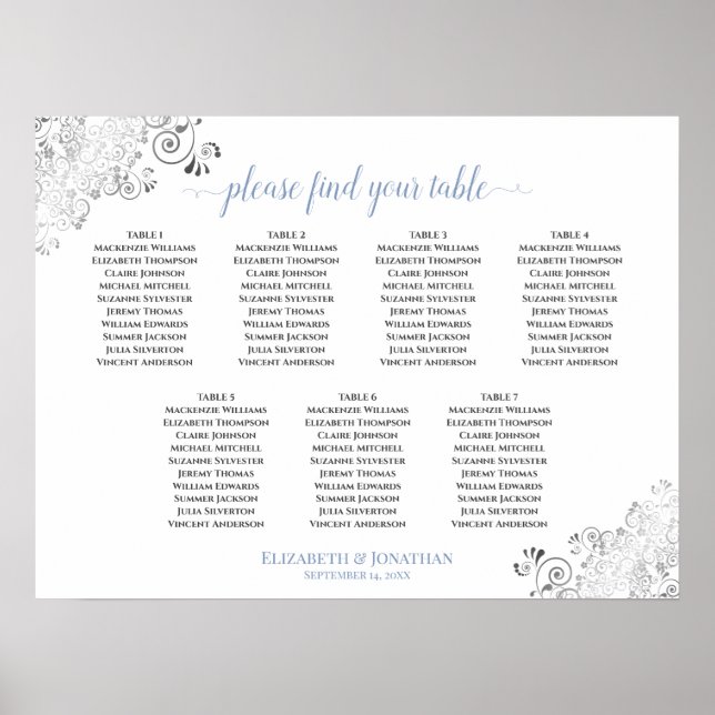 7 Table White & Blue Frilly Wedding Seating Chart (Front)
