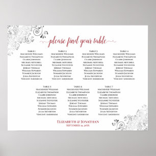 7 Table White & Red Frilly Wedding Seating Chart