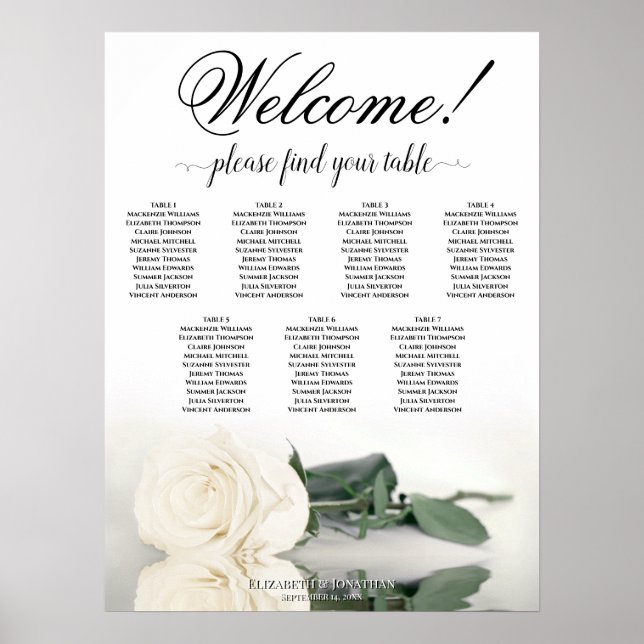 7 Table White Rose Elegant Wedding Seating Chart (Front)