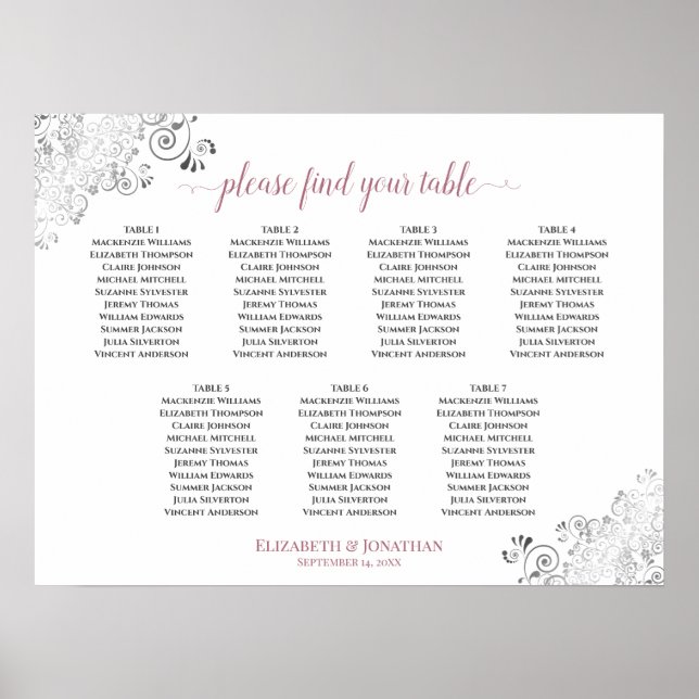 7 Table White & Rose Frilly Wedding Seating Chart (Front)