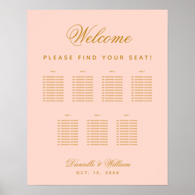 7 Tables Blush Pink Simple Wedding Seating Chart (Front)