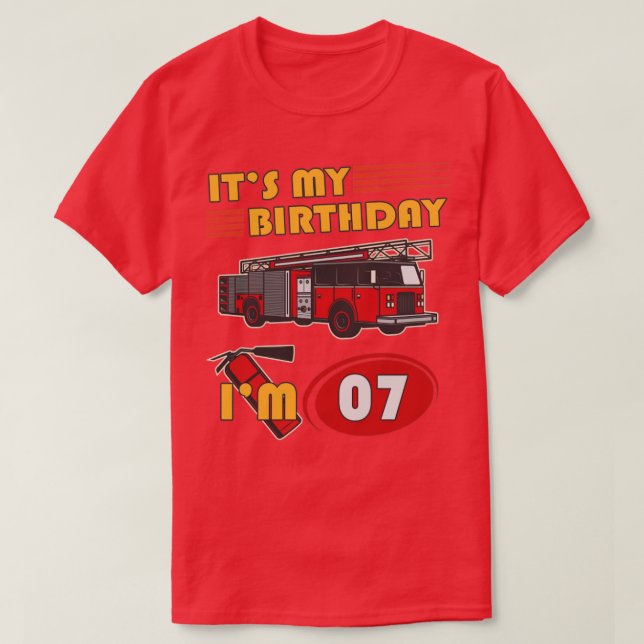 7 year old Its My Birthday Fire Truck 7th Birthday T-Shirt (Design Front)