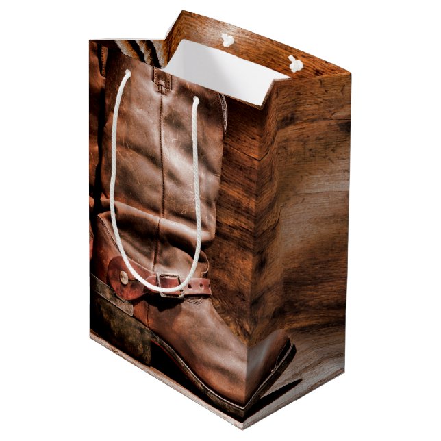 7lx4.5wx10h Medium Gift Bag Cowboy Boots Barn Wood (Back Angled)