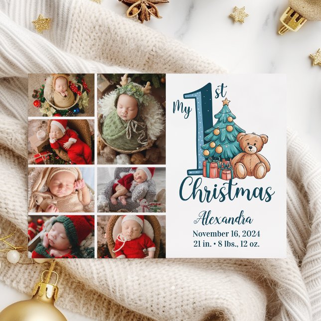 7Photo Blue Teddy Baby 1st Christmas Holiday Card (Creator Uploaded)