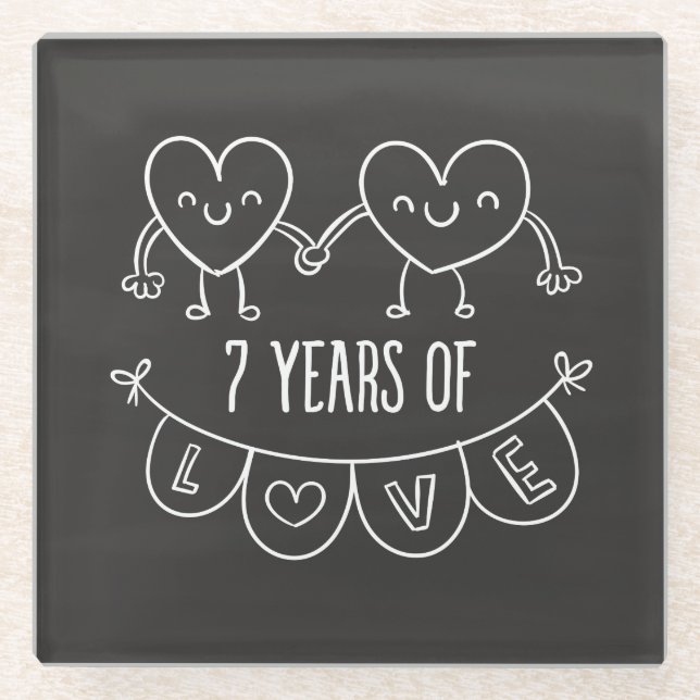 7th Anniversary Gift Chalk Hearts Glass Coaster (Front)