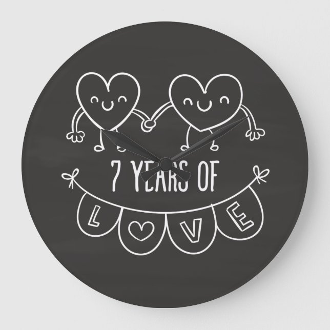 7th Anniversary Gift Chalk Hearts Large Clock (Front)