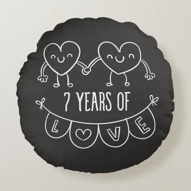 7th Anniversary Gift Chalk Hearts Round Cushion (Front)