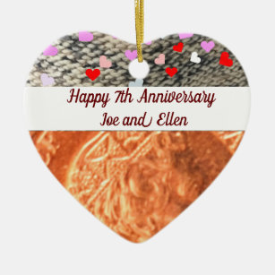7th Anniversary, Wool and Copper Heart Keepsake 2 Ceramic Ornament