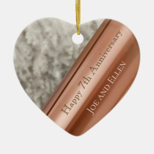 7th Anniversary, Wool and Copper Heart Keepsake 3 Ceramic Ornament