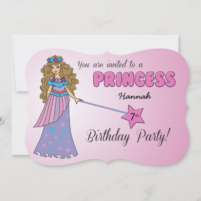 7th Bday Invitation Pink Princess w/ Sparkly Wand (Front)