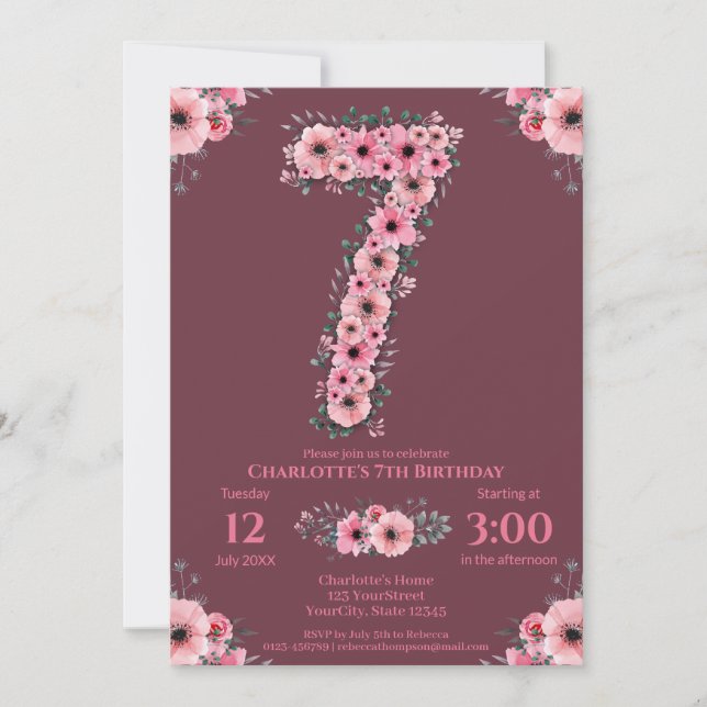7th Big Birthday Girl Pink Flowers Green Foliage Invitation (Front)