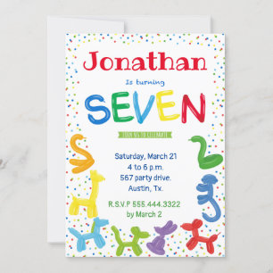 7th birthday animal balloons invitation
