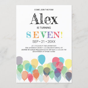 7th Birthday Balloons Party Invitation